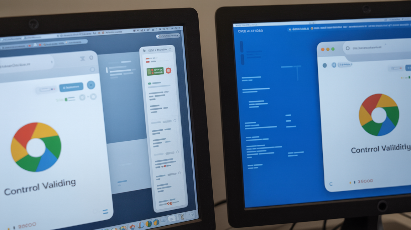 Two monitors with separate browser sessions for testing.