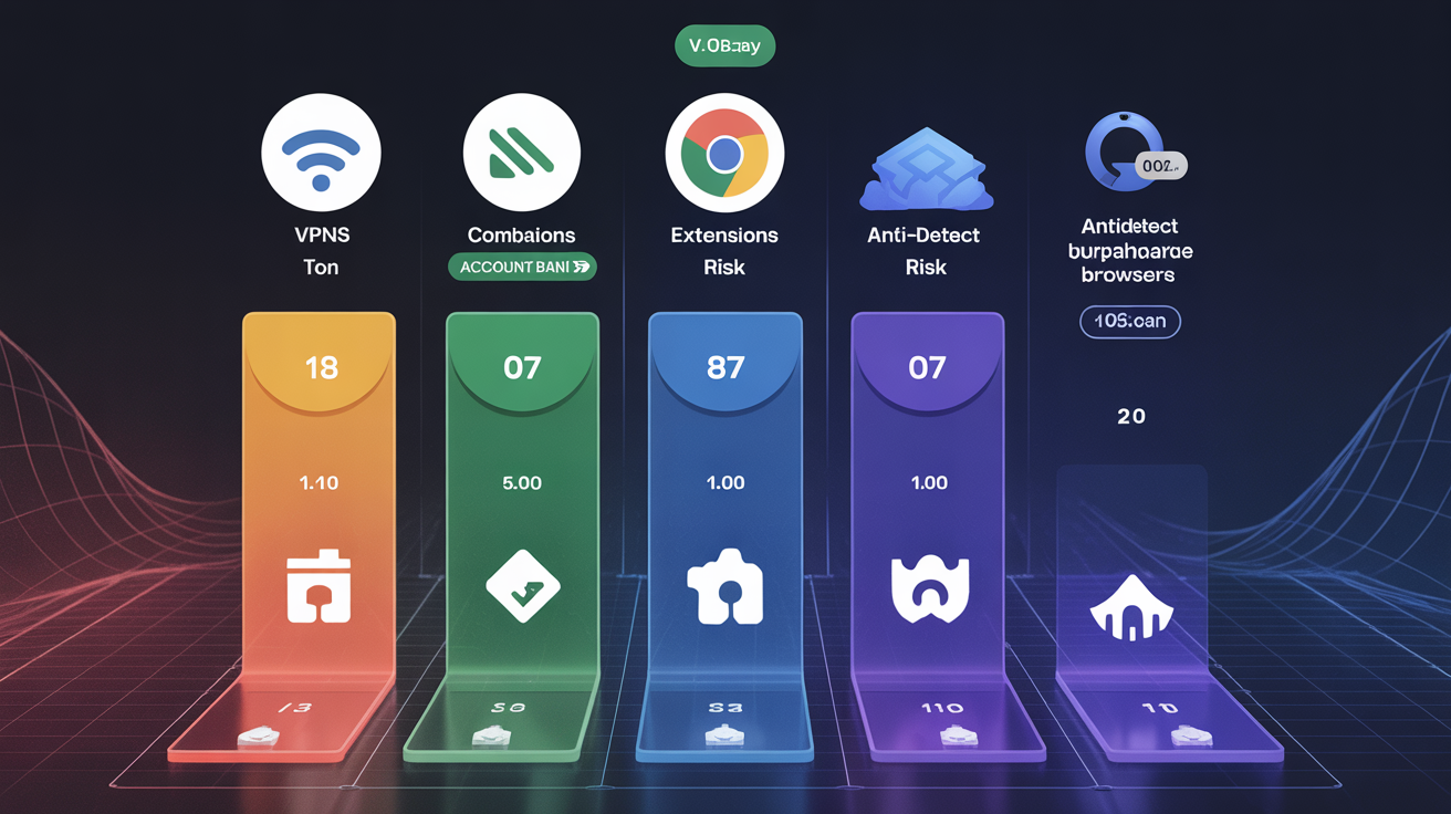 Comparative chart of tool combinations affecting account ban risk, clear and detailed.