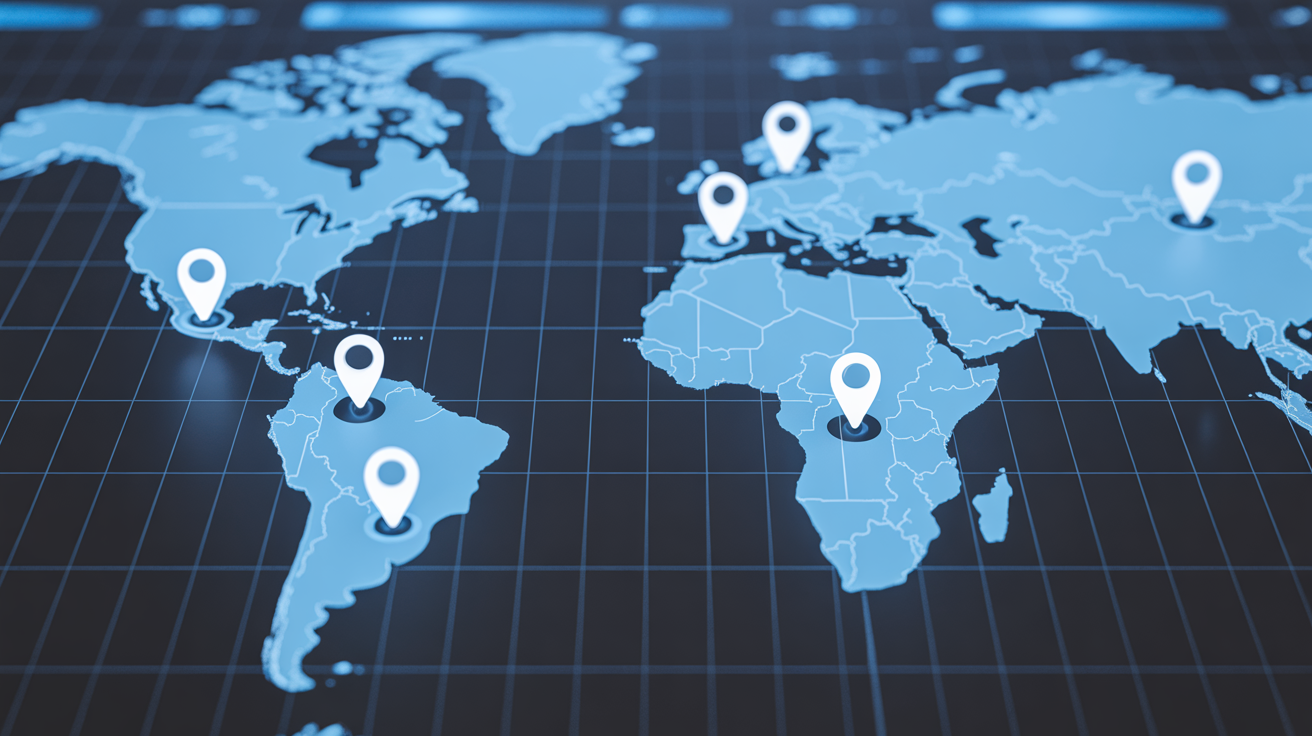 VPN interface emphasizing IP geolocation spoofing with global map and highlighted locations.