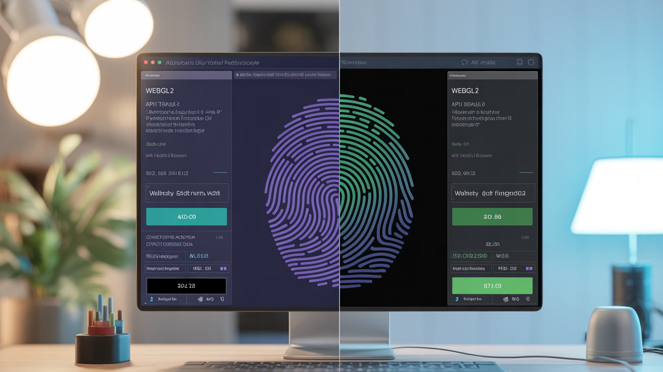 Split screen comparing WebGL2 and WebGL1 fingerprint data.