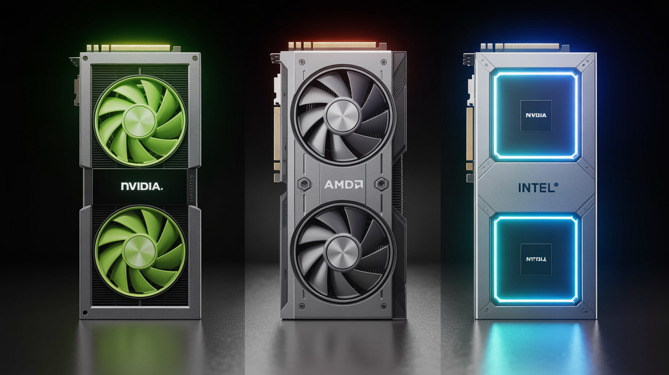 Three graphics cards labeled NVIDIA, AMD, Intel showing rendering variations.