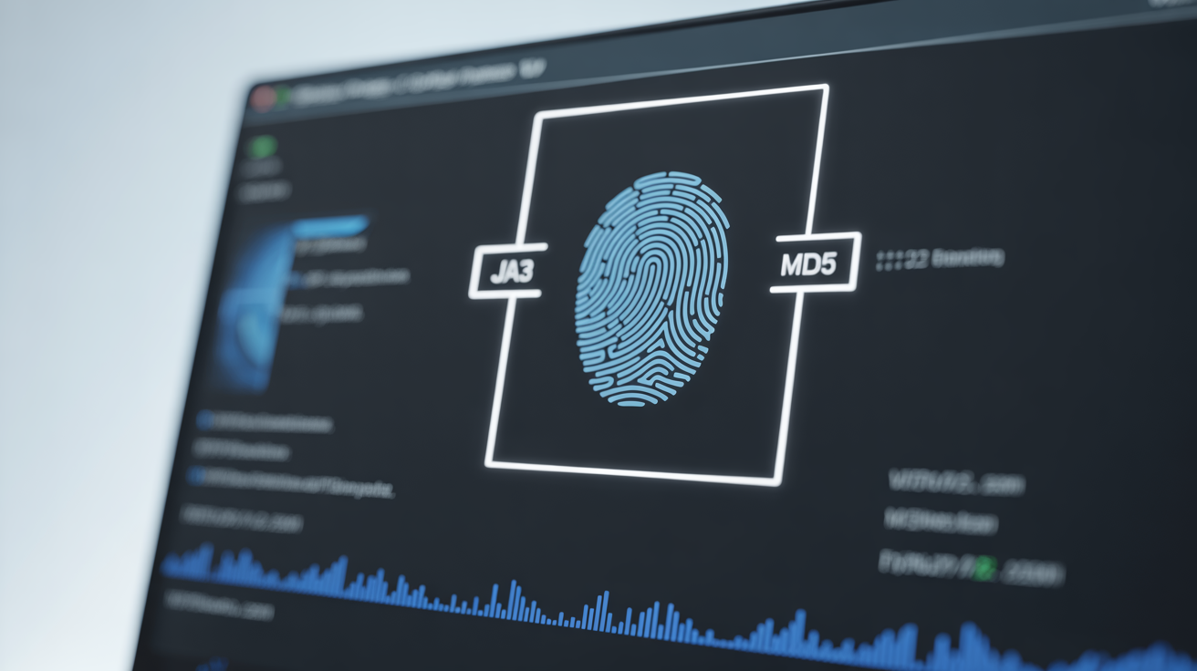 Computer screen showing TLS handshake with JA3 fingerprint parameters.
