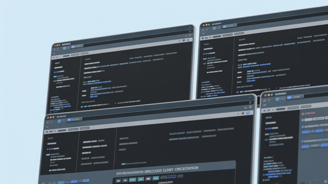 Monitors showing browser interfaces with system-level containers.