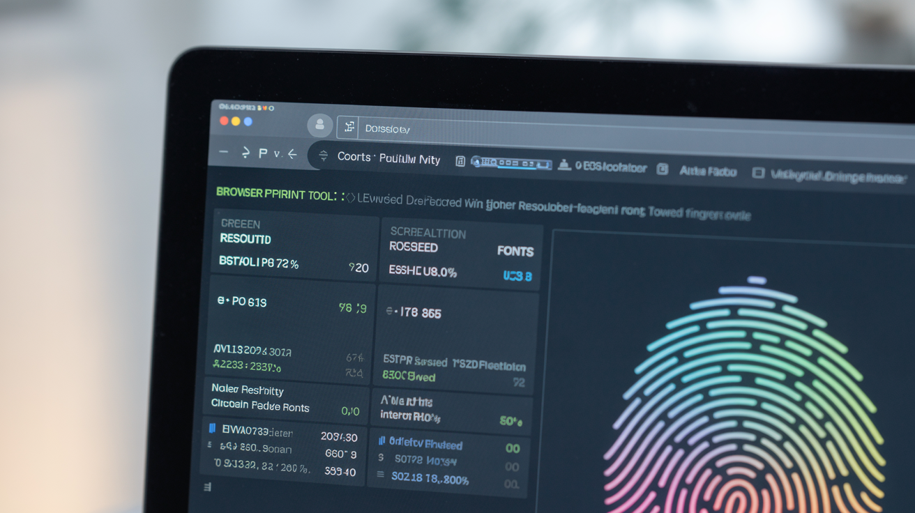 Computer screen showing browser fingerprint testing tool interface.